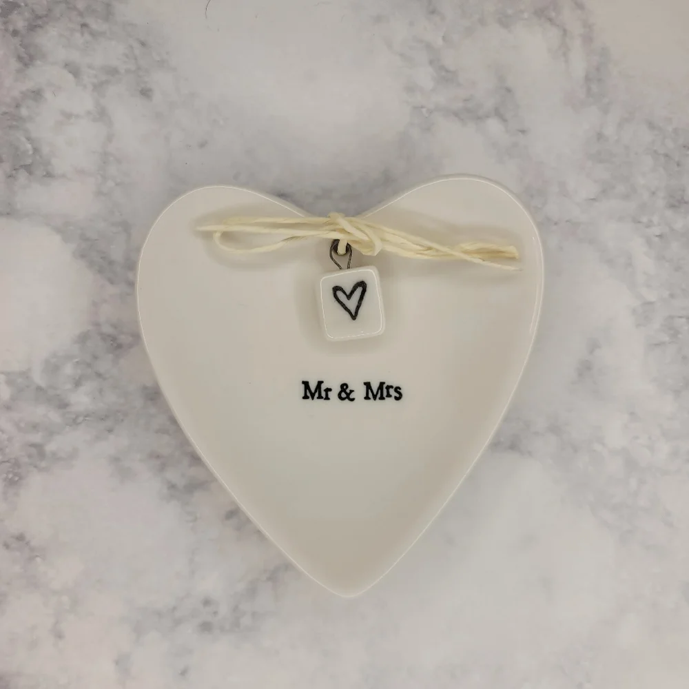 Mr & Mrs Ring Dish Ceramic Heart Shaped Tray